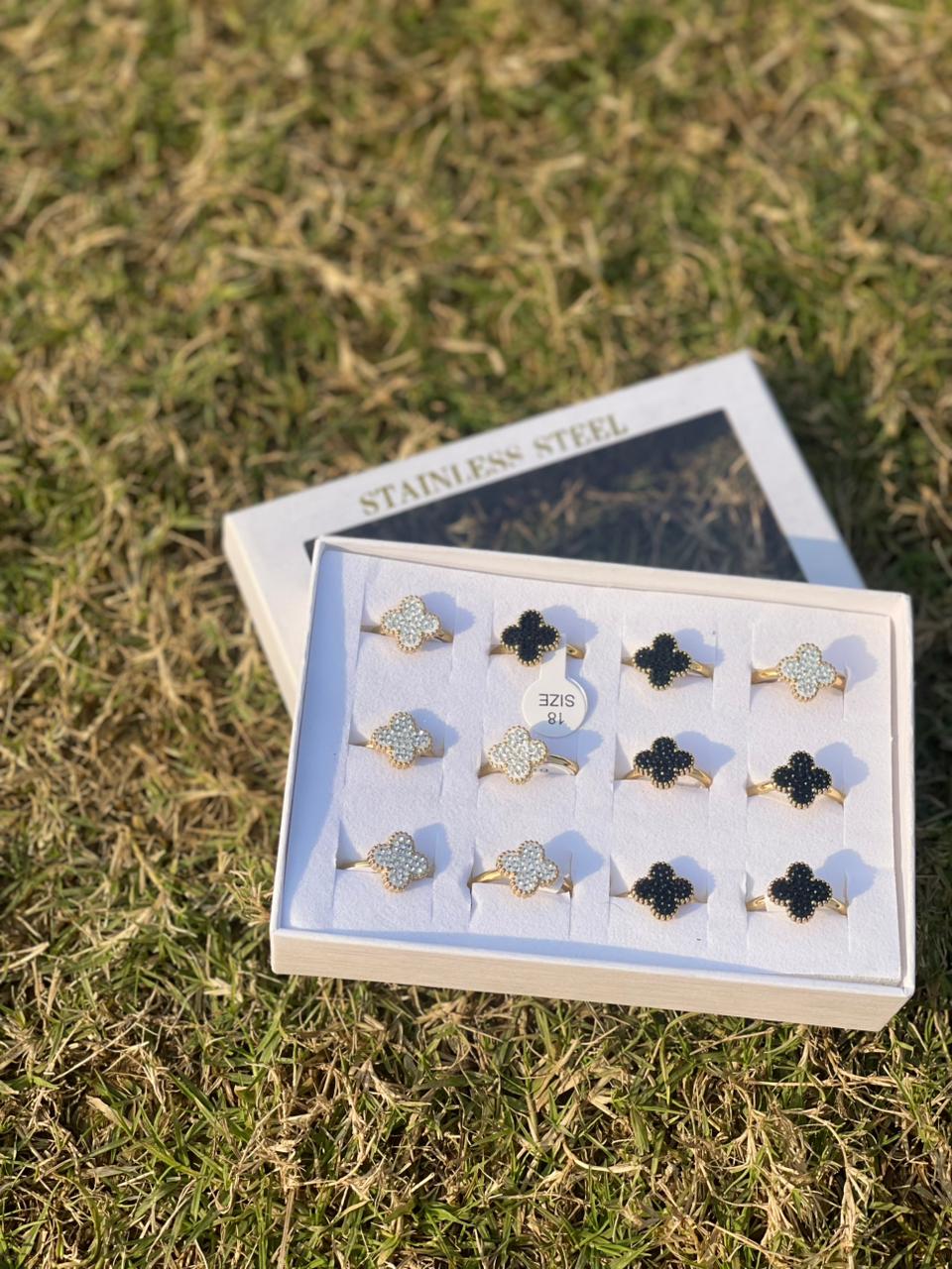 Black and White Crystal clover Rings