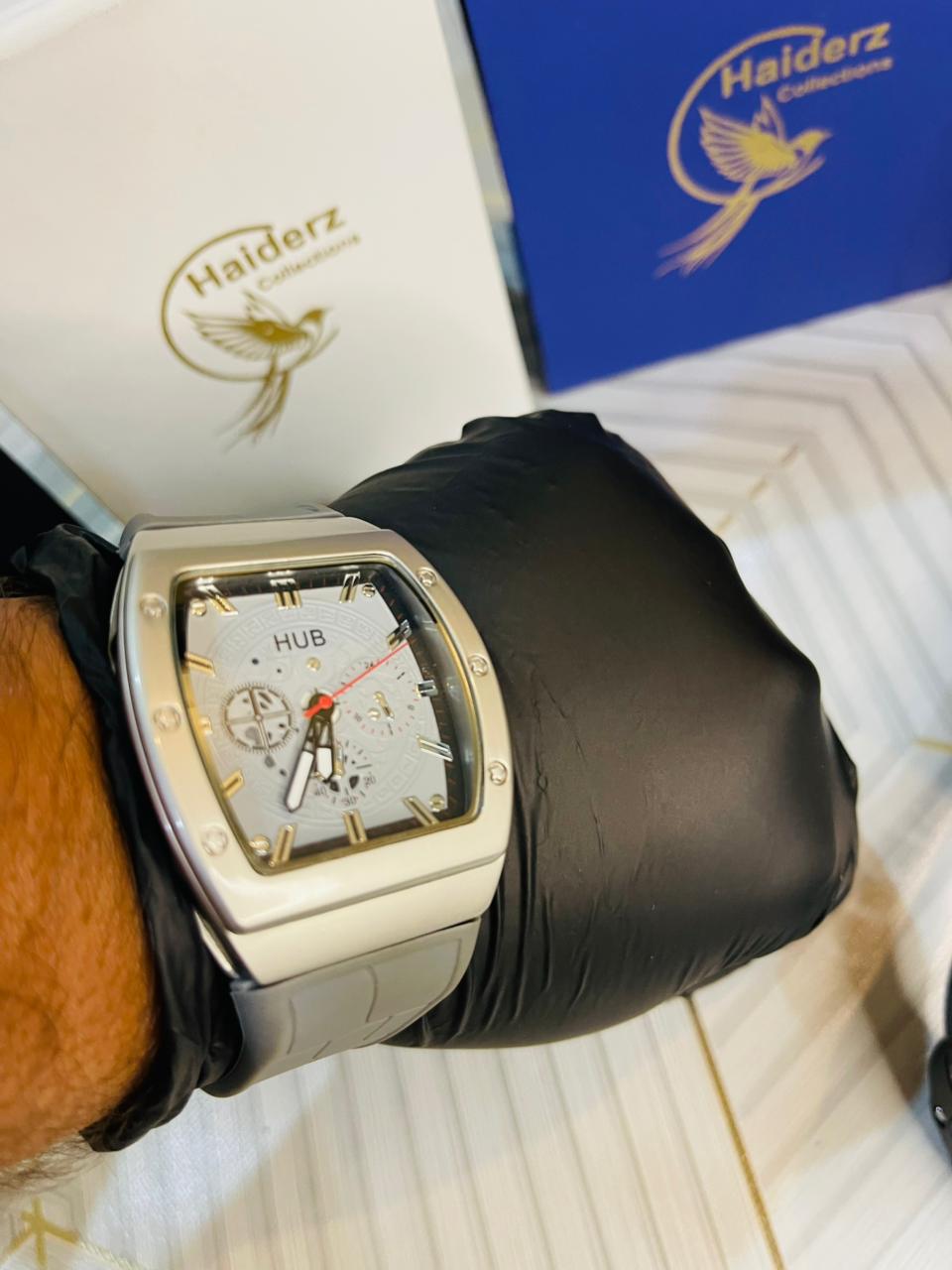 HUB watch  Silicon straps  Foldable  Water resistant  Gray color