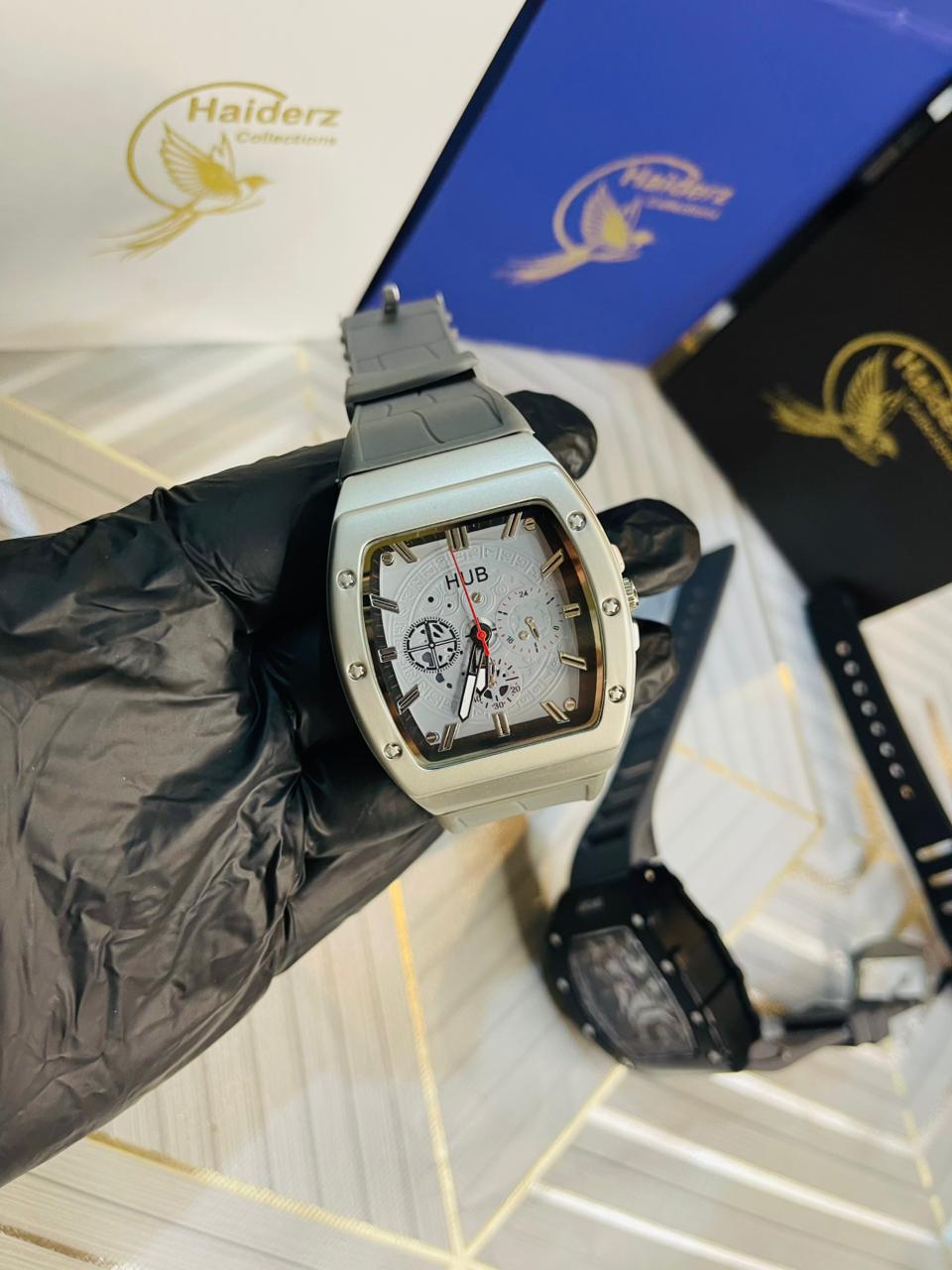 HUB watch  Silicon straps  Foldable  Water resistant  Gray color